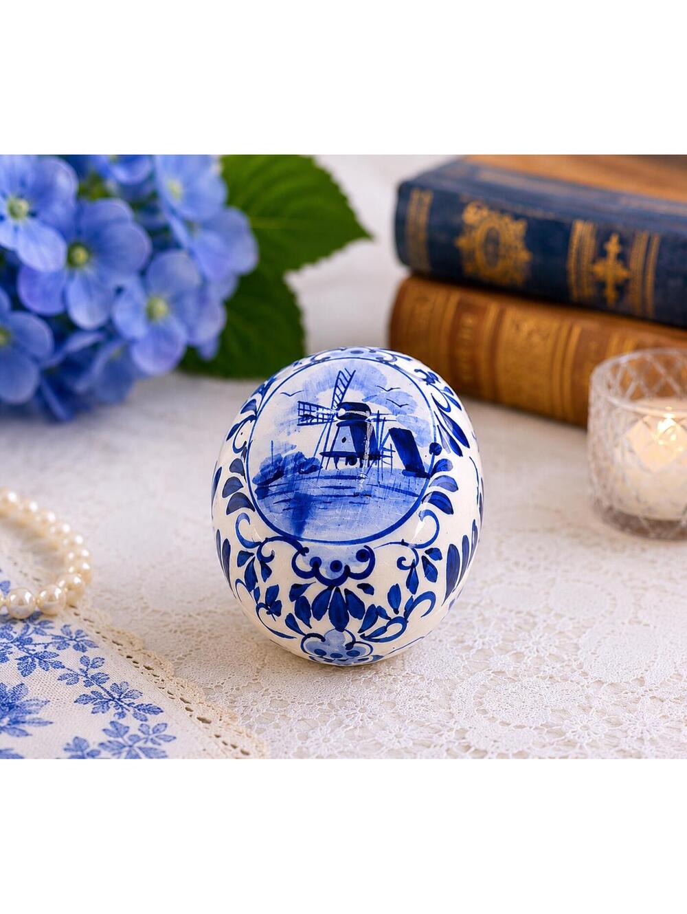 Vintage Hand Painted Delft Blue Holland Egg Shaped Trinket Box Windmill Scene